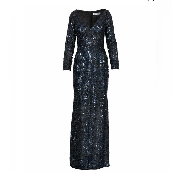 Mac Duggal Elegant Navy Sequin Gown v neck long sleeves size 6 NWT - Picture 6 of 12